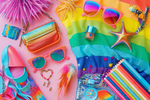 A colorful assortment of items including makeup, sunglasses, and other accessories. The image conveys a fun and playful mood, as the items are arranged in a rainbow pattern photo