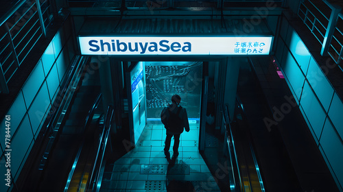 a man stands at the entrance to an underground station, illuminated by blue neon signs with white letters 