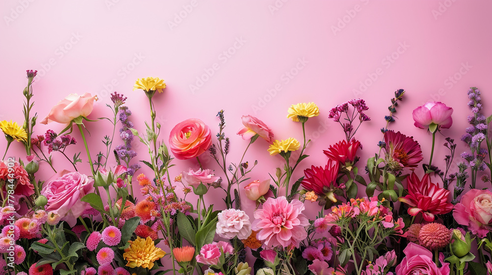 Happy Mother's Day - colorful wild flowers on pink, for mothers day. Love, wedding, romance celebration. Banner. with copyspace, summer background