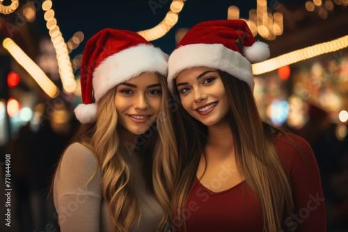 A couple of beautiful long-haired girls in red Santa Claus hats, against the backdrop of evening store lights, holiday shopping.