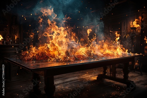 Wooden table with a fire burning on the edge of the table, fire particles, sparks and smoke in the air, with flames on a dark background