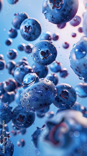 Beautiful blueberries in drops of water, on a blue background