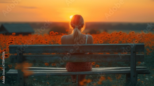 a woman sitting on a bench in front of a field of sunflowers with the sun setting behind her.