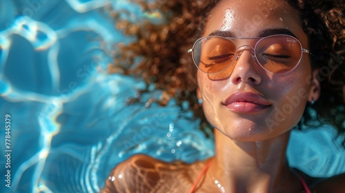Woman in Bikini and Sunglasses Relaxing in Pool