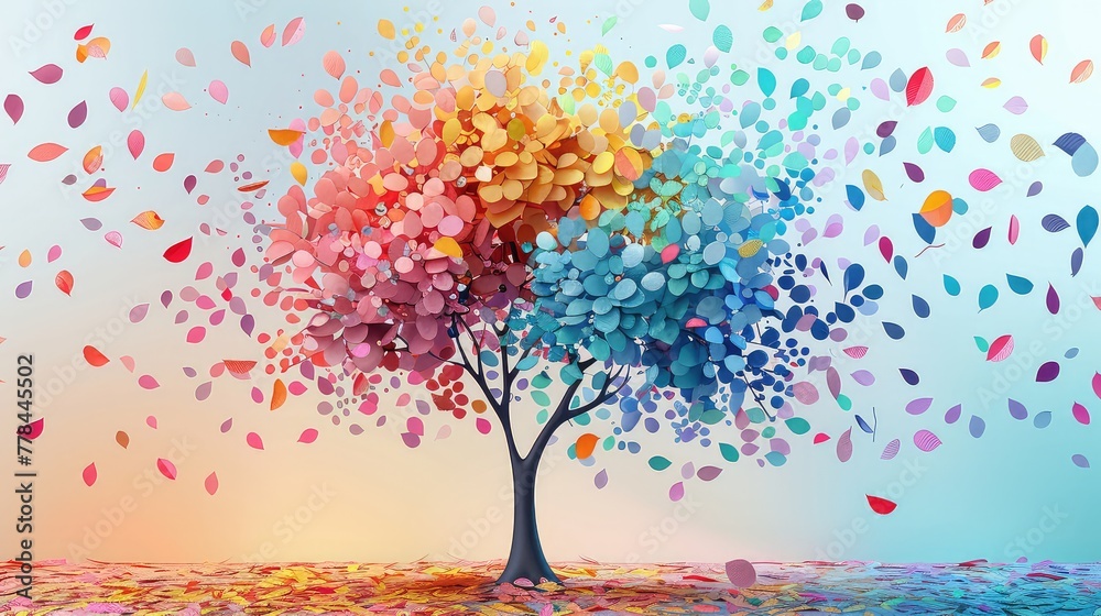 Colorful tree with leaves on hanging branches illustration background. 3d abstraction wallpaper . Floral tree with multicolor leaves Colorful tree with leaves on hanging branches illustration background. 3d abstraction wallpaper . Floral tree with multicolor leaves