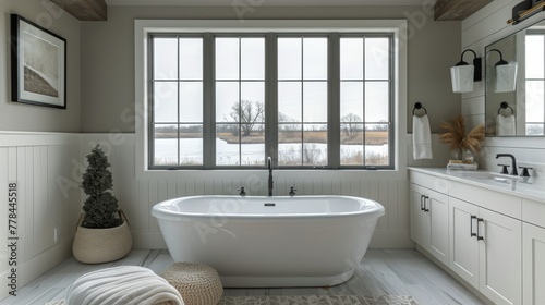 Spacious Bathroom With Large Tub and Double Sinks