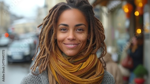 a smiling woman with dreadlocks on her head and a scarf around her neck is standing on a city street.