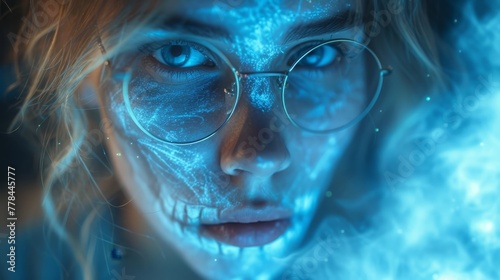 a close up of a person wearing glasses with a blue light coming out of her face and her hair blowing in the wind.