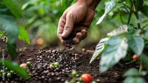 A hand putting used coffee grounds as fertilizer on a tomato plant
