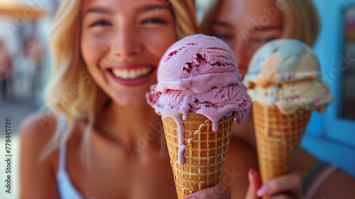 A delightful scene of people enjoying colorful scoops of ice cream on a hot day