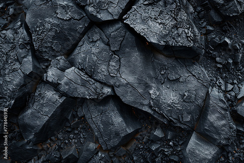 A dark, volcanic rock texture, with porous surfaces and sharp, jagged edges, the deep blacks and greys telling the fiery origin story of this igneous rock. 32k, full ultra HD, high resolution