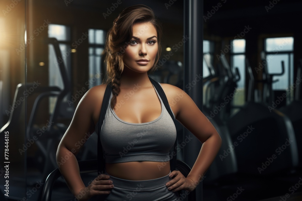 Portrait of a body positive attractive woman in sportswear standing confidently in a fitness club against the background of exercise equipment, personifying fitness, wellness and body positivity. Portrait of a body positive attractive woman in sportswear standing confidently in a fitness club against the background of exercise equipment, personifying fitness, wellness and body positivity.