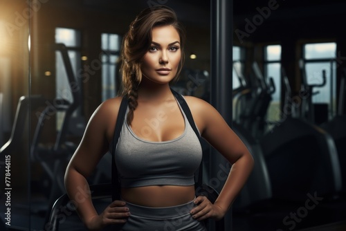 Portrait of a body positive attractive woman in sportswear standing confidently in a fitness club against the background of exercise equipment  personifying fitness  wellness and body positivity.