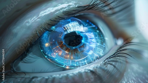 Close-up of woman's blue eye. High Technologies in the futuristic. : contact lens photo