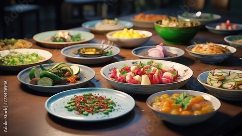 Top view of a wooden table featuring plates filled with an array of fresh vegetarian food. A nutritious and flavorful dining experience awaits.