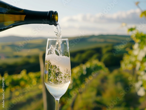 A sommelier pouring a glass of sparkling English wine, with bubbles rising in the glass against a backdrop of vineyard scenery.