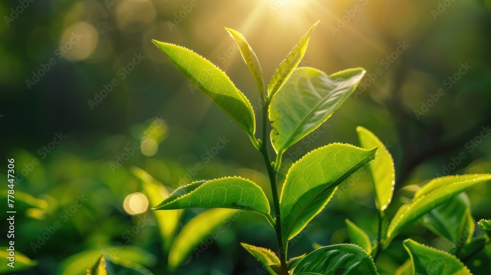 Close up of fresh green tea leaves sunlight background AI generated image Close up of fresh green tea leaves sunlight background AI generated image