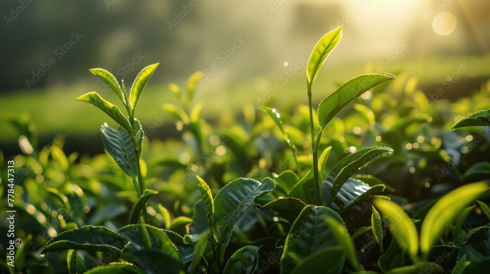 Obraz premium Close up of fresh green tea leaves sunlight background AI generated image