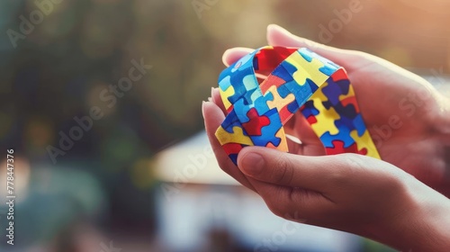 Hand holding colorful puzzle symbol of world autism day AI generated image