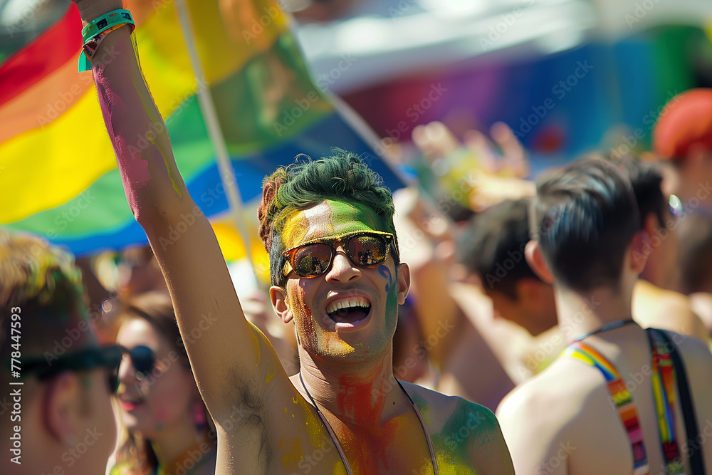 A colorful rainbow-painted crowd dances and frolics enthusiastically at an LGBT festival