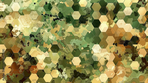 A digital hexagon camouflage pattern, with hexagons in varying shades of green, brown, and beige, blending into an abstract forest-like background.