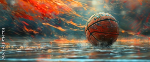 Focus on the intricate patterns of a basketball, with the hardwood court fading into a blur behind it, highlighting the dynamic play and excitement of basketball