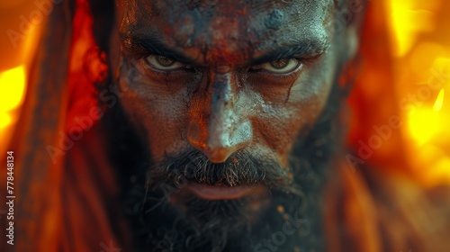 a close up of a man with a beard wearing a red cape and looking at the camera with a serious look on his face.