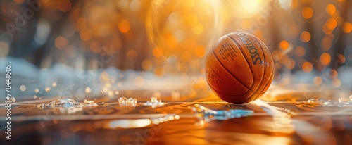 Focus on the intricate patterns of a basketball, with the hardwood court fading into a blur behind it, highlighting the dynamic play and excitement of basketball