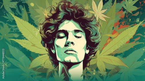 Retro style: a male musician stands, strong emotions, surrounded by hemp foliage.