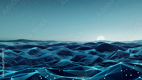 A tranquil abstract panorama with aqua dots and navy blue triangles interconnecting, reminiscent of a digital ocean with waves made of light and geometry, under a moonlit sky.
