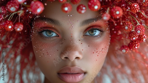 a close up of a woman's face with red flowers on her head and a bunch of berries on her head.