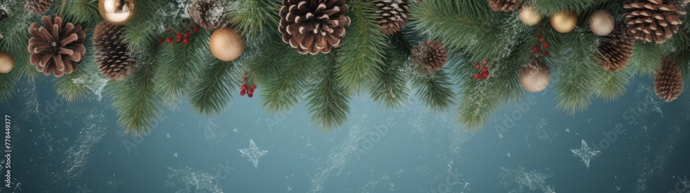 Spread the holiday spirit with a festive Christmas backdrop featuring fir branches and pine cones on a blue background. Spread the holiday spirit with a festive Christmas backdrop featuring fir branches and pine cones on a blue background.