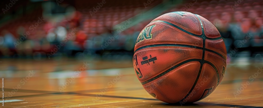 Fototapeta premium Focus on the intricate patterns of a basketball, with the hardwood court fading into a blur behind it, highlighting the dynamic play and excitement of basketball