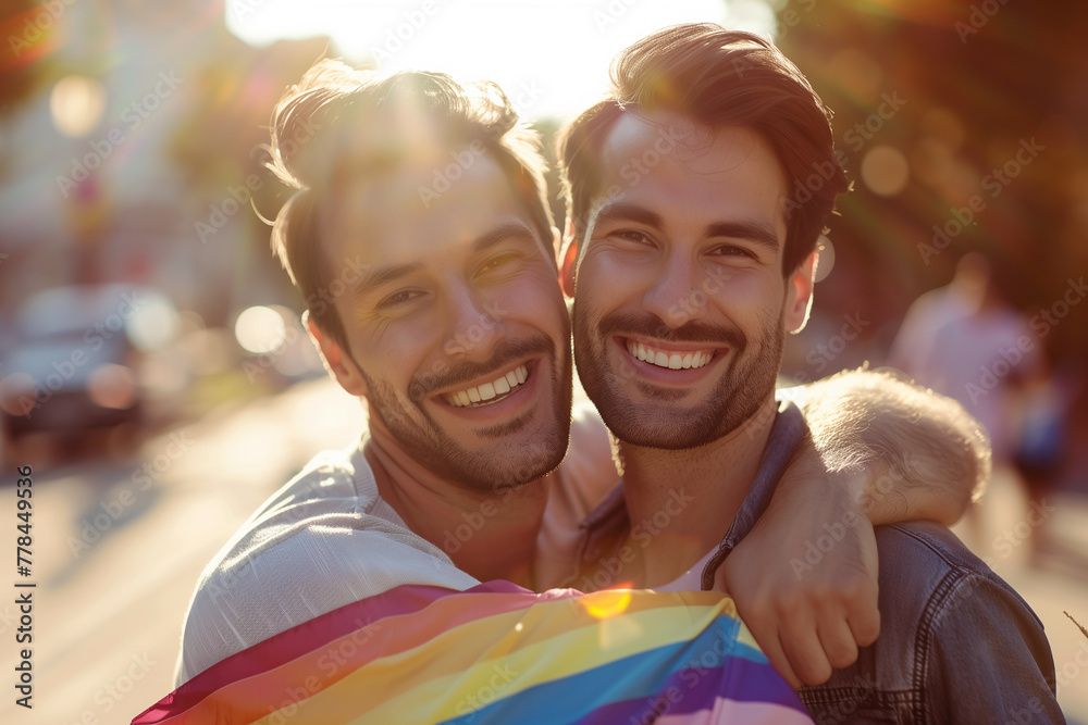 happy gay couple hugging the camera showing their love home concept with blurred background LGBT pride happy gay couple hugging the camera showing their love home concept with blurred background LGBT pride