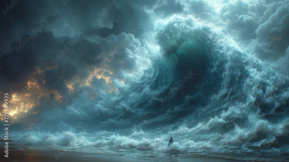 a painting of a giant wave in the ocean with a man standing in the water in front of the wave.