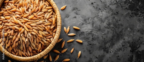  A basket brimming with brown rice and a mound of brown rice atop a dark table photo