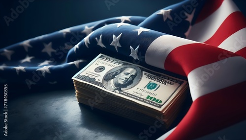 The image showcases a neat stack of US hundred-dollar bills set against an unfurled American flag, symbolizing the close relationship between American patriotism and economy.

