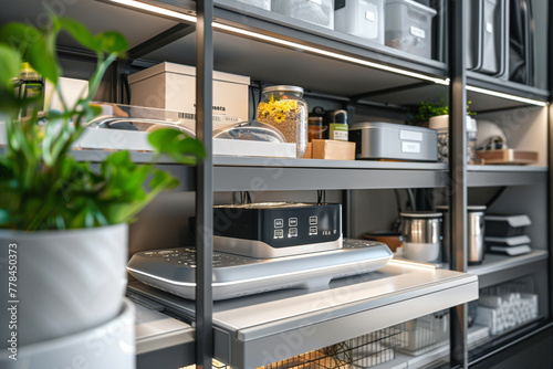 A smart storage solution utilizing AI algorithms to optimize space usage, automatically arranging and retrieving items based on frequency of use and user preferences.