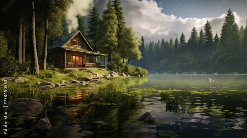 Fototapeta premium Scenic vacation spot: a cozy house by the water, surrounded by the tranquility of a lush green forest.