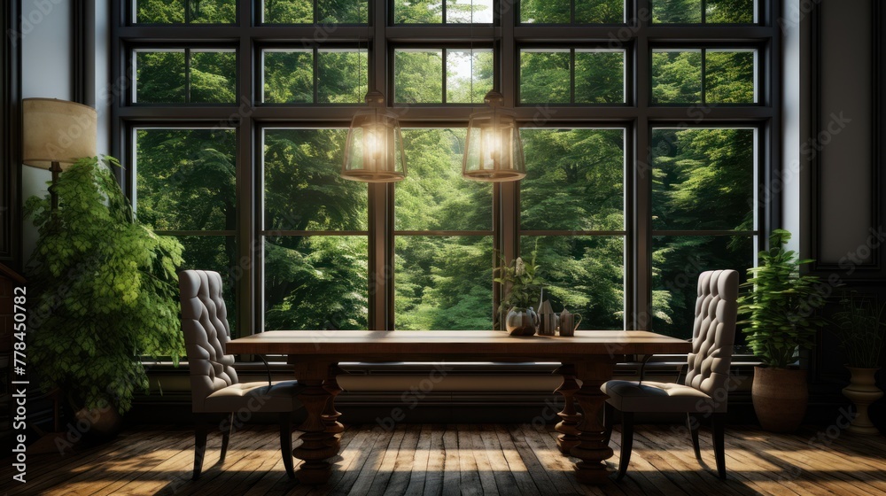 A room in a private house with a table and chairs overlooking green trees, creating an atmosphere of serenity and tranquility. A room in a private house with a table and chairs overlooking green trees, creating an atmosphere of serenity and tranquility.