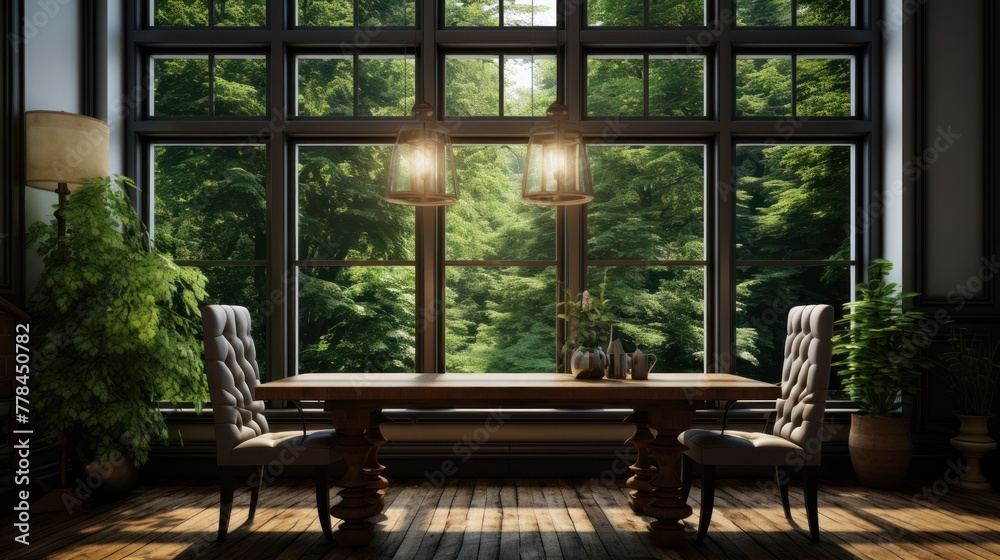 A room in a private house with a table and chairs overlooking green trees, creating an atmosphere of serenity and tranquility.