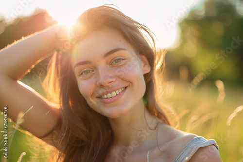Young smiling woman outdoors portrait. Soft sunny colors.Close portrait.