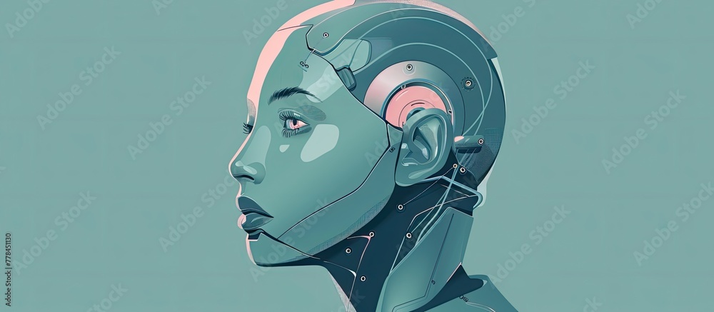 An artistic closeup of a fictional robots head featuring a helmet, eye, jaw, and ear. The detailed headgear on a blue background adds a futuristic touch to this piece of art