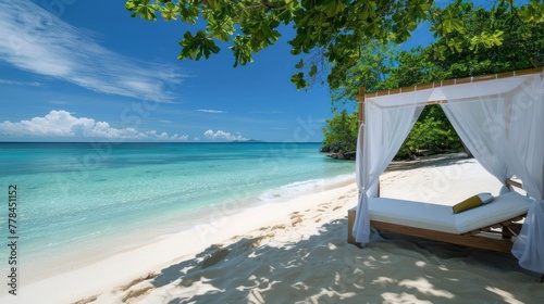 Beautiful umbrella and chair around beach sea ocean with blue sky