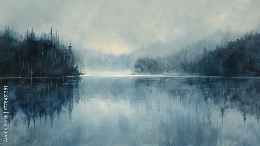 Abstract View of Gentle Rain on a Pastel Blue and Gray Lake.