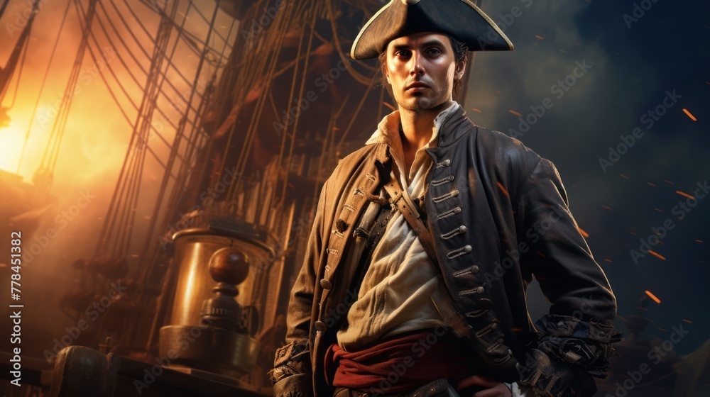The image of a sailor: a charismatic captain in a cocked hat, a symbol of the adventurous spirit of the ocean, on a ship during a battle with pirates.