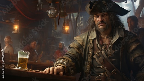 Cartoonish portrayal of a charismatic pirate in a cocked hat, a symbol of the old sea, with a vintage skull flag in an old port tavern. photo