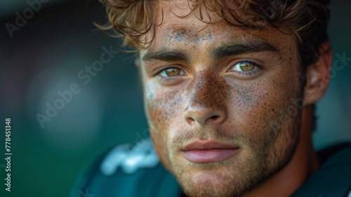 a close up of a man with freckles on his face and freckles all over his face. © Mikus