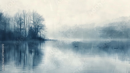 Abstract View of Gentle Rain on a Pastel Blue and Gray Lake. © Exnoi