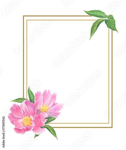 Frame of peony flowers and leaves drawn with colored pencils. Floral elements isolated on white background. For elegant summer and wedding projects  print creations and vintage style decorations.